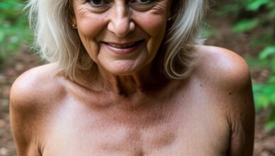 a very old blonde woman posing naked in the forest