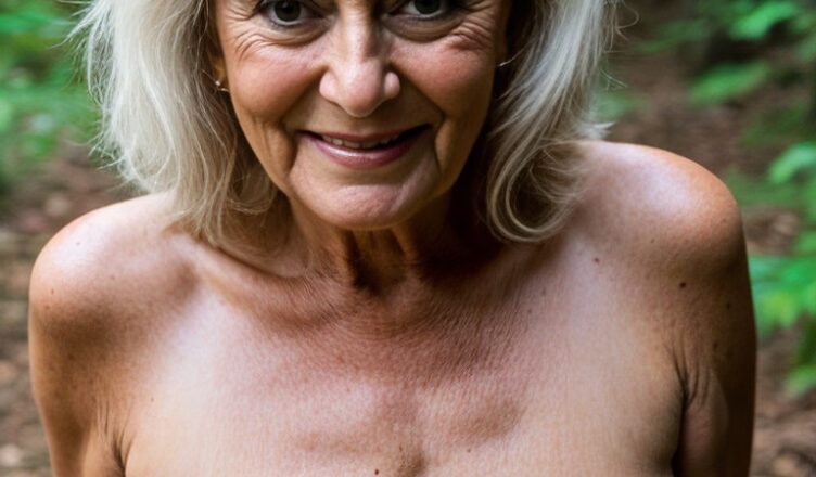 a very old blonde woman posing naked in the forest