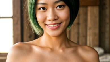 asian girl with long green hair posing nude in a wooden room