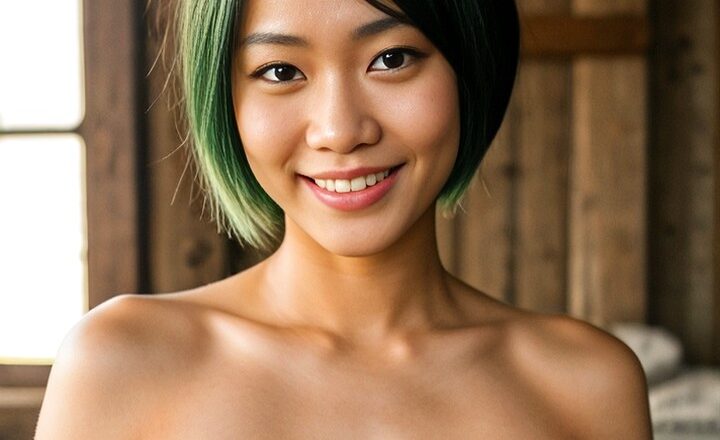 asian girl with long green hair posing nude in a wooden room
