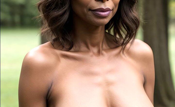 an african woman with large breasts poses naked in the woods